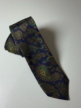 J. Crew Hand Made in USA 100% Silk Navy Paisley Silk Tie Green and Gold Motif